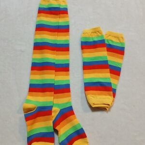Rainbow Striped Over the Knee Socks & Fingerless Gloves Set Kidcore 80s Novelty